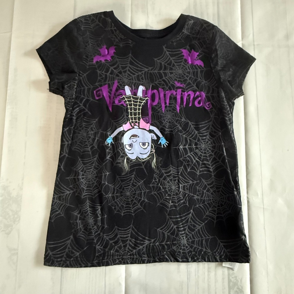 Disney Vampirina Girls Black Spiderweb Graphic T-Shirt Size M 7/8 Purple Glitter